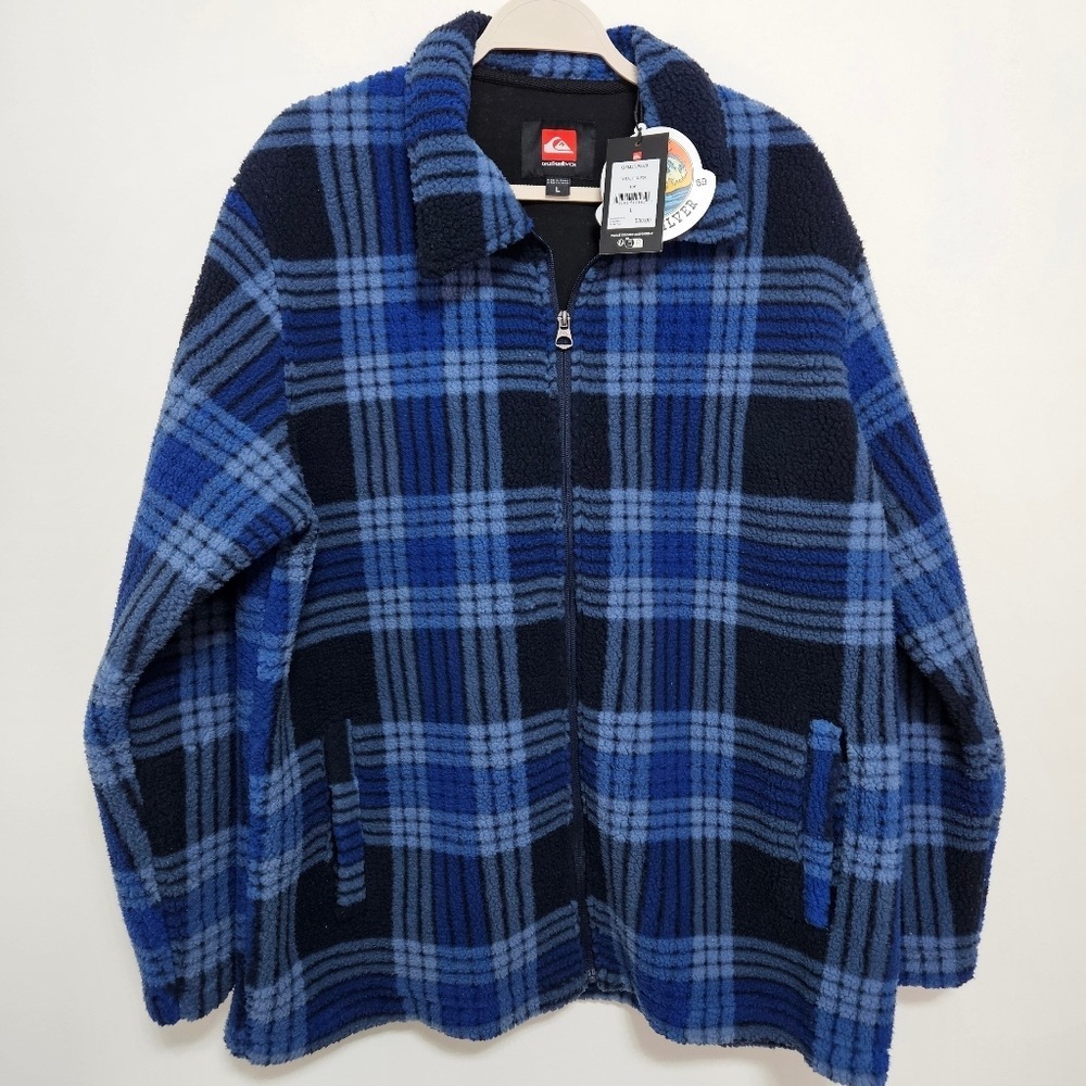 Quicksilver NWT Mens Deck‎ Plaid Fleece Zip Jacket Cozy Preppy Heritage Blue L
